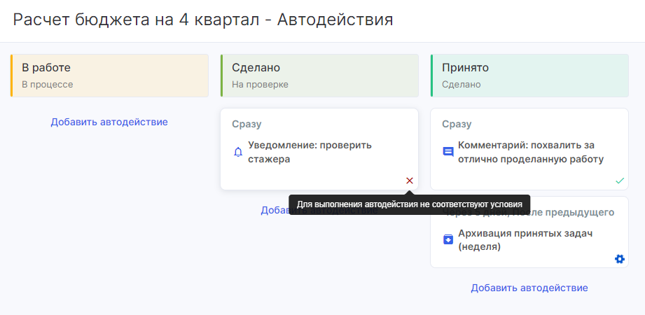 Здесь указаны сами автодействия и их статус